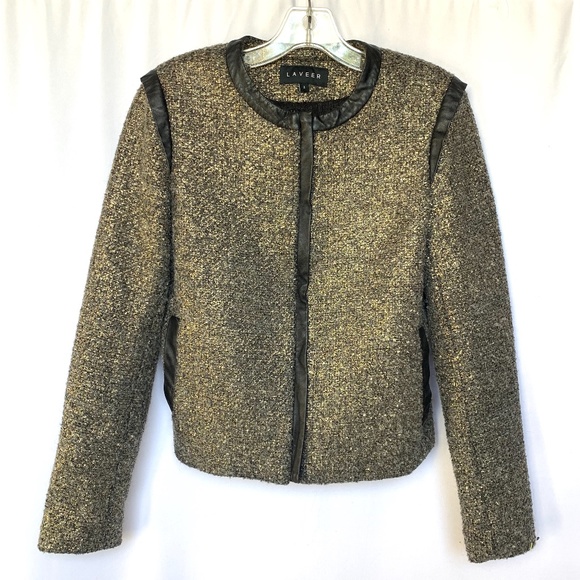 Laveer Metallic Tweed Leather Trim Blazer Jacket 2 - Picture 2 of 8